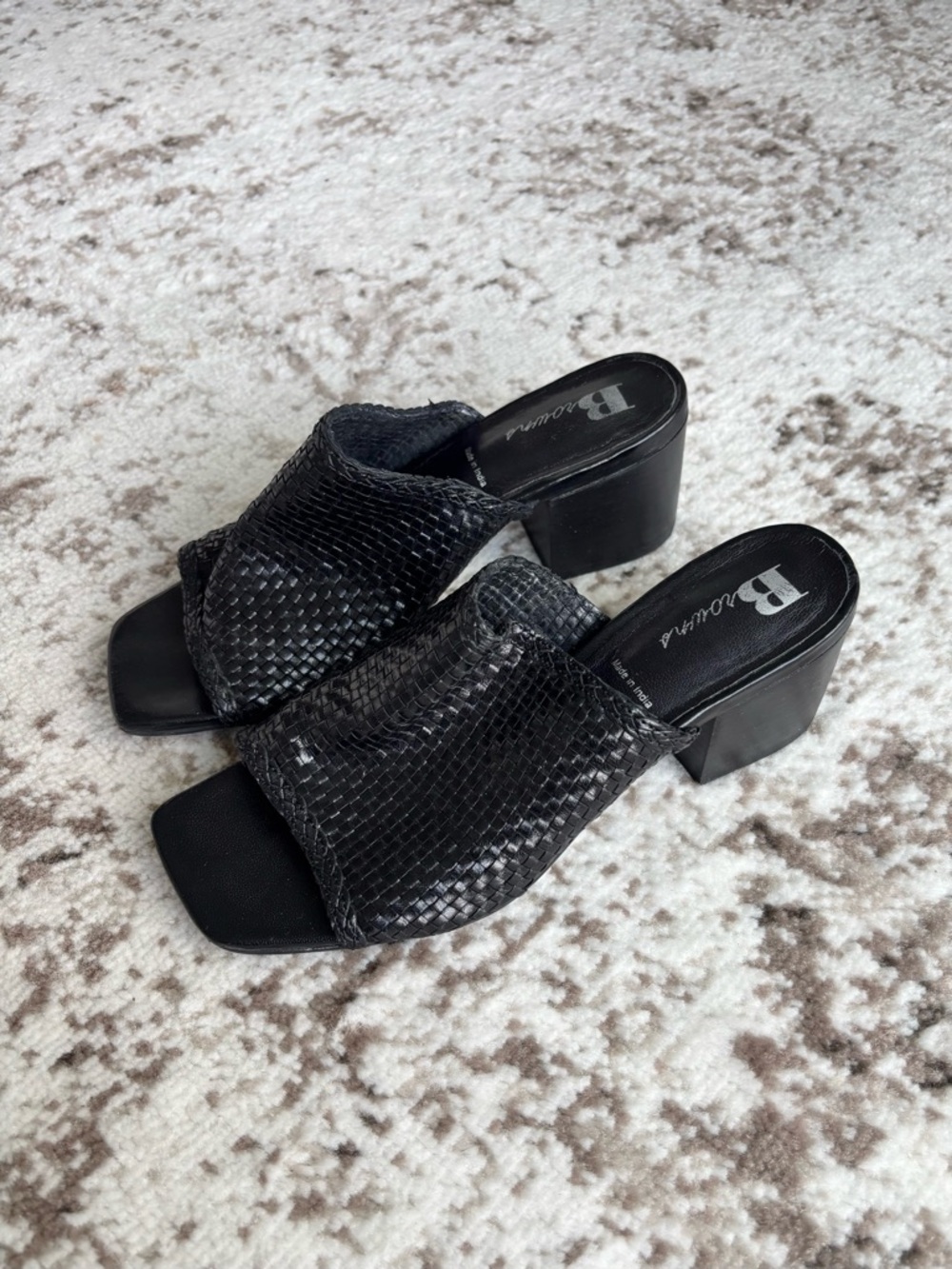 Browns Couture Black Woven Genuine Leather Block Heel Mules